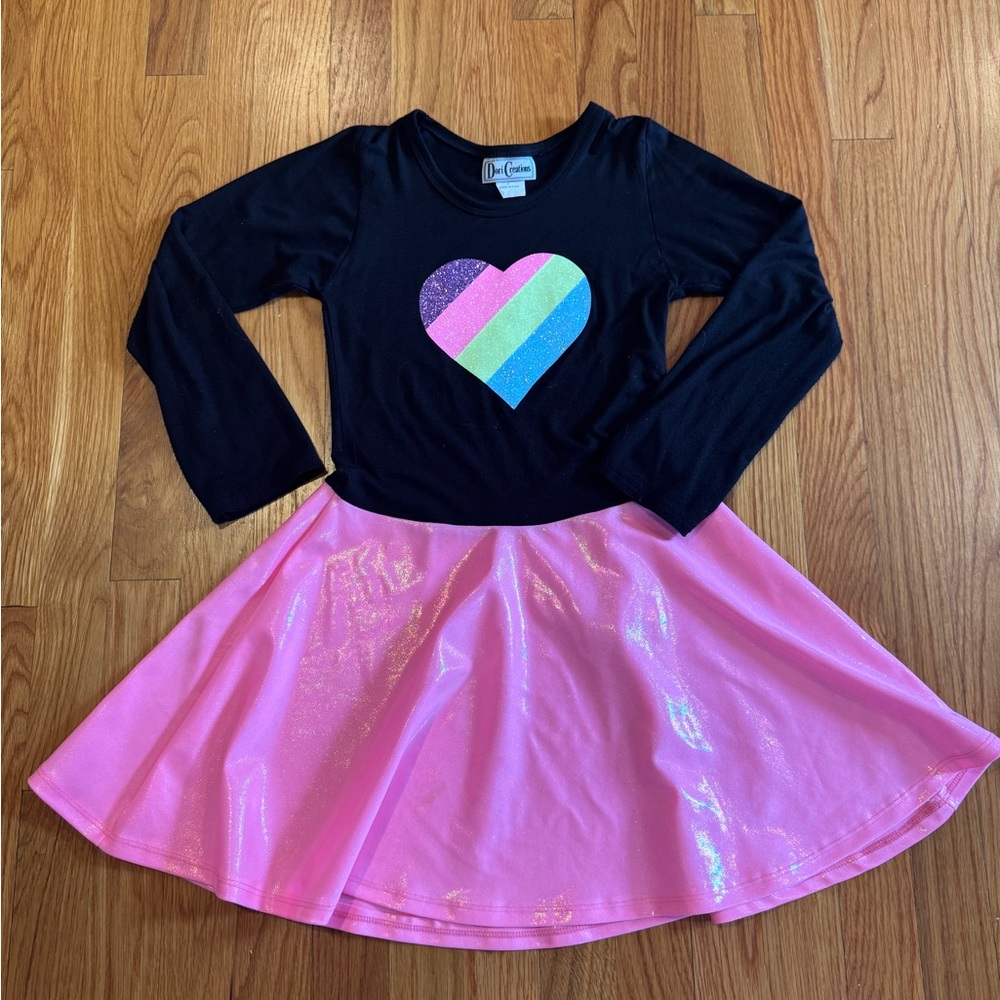 Dori Creations Girls Size 10 Black & Pink Skater Dress – Glitter Rainbow Heart 💖